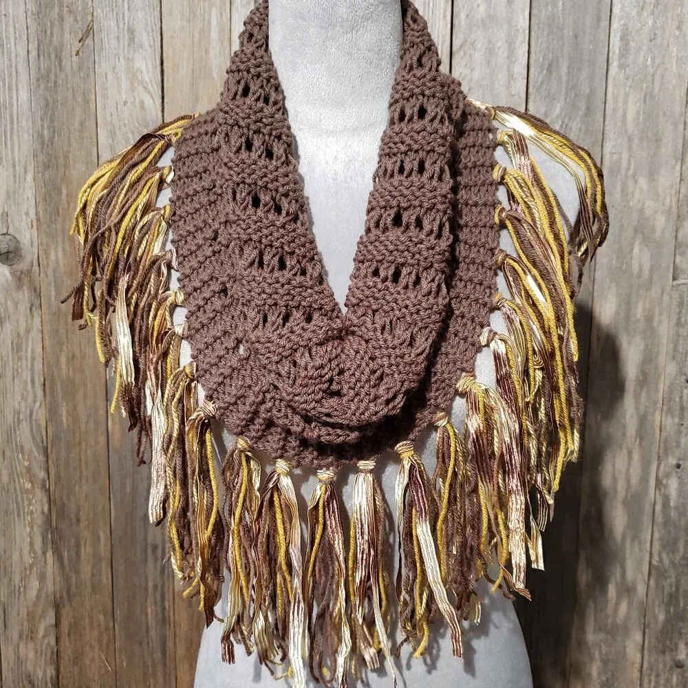 NEW Hand‎ Knitted Brown Gold Boho Cowl Scarf Fringe Eyelet Boho Cottage Earthy